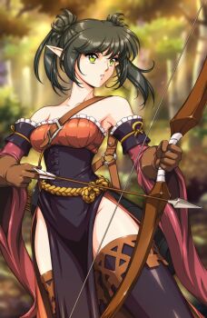 Rule 34 | 1girl, arrow (projectile), bare shoulders, black hair, black thighhighs, blurry, blurry background, bob cut, bow (weapon), breasts, brown gloves, closed mouth, commentary, detached sleeves, dress, elf, english commentary, floating hair, forest, gloves, green eyes, highres, holding, holding arrow, holding bow (weapon), holding weapon, medium breasts, nature, outdoors, pointy ears, quiver, ridiel (unicorn overlord), short hair, sirknightbot, solo, thighhighs, twintails, unicorn overlord, upper body, weapon