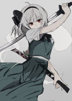 1girl black_bow black_bowtie black_hairband bow bowtie ebuna green_skirt green_vest grey_background grey_hair hairband highres hitodama hitodama_print holding holding_sheath holding_sword holding_weapon katana konpaku_youmu konpaku_youmu_(ghost) looking_at_viewer red_eyes sheath shirt short_sleeves simple_background skirt skirt_set solo sword touhou unsheathed vest weapon white_shirt