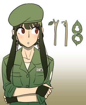 Rule 34 | 1girl, beret, black gloves, black hair, commentary request, earrings, endou tatsuya, fingerless gloves, gloves, green hat, green shirt, hat, highres, jewelry, looking to the side, military uniform, red eyes, shirt, sidelocks, sleeves rolled up, solo, spy x family, upper body, yor briar