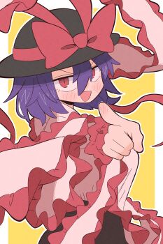 1girl black_hat bow commentary_request frilled_ribbon frills hat hat_bow hat_ribbon highres kurachi_mizuki looking_at_viewer nagae_iku pointing purple_hair red_bow red_eyes red_ribbon ribbon short_hair smile solo top_hat touhou white_ribbon yellow_background