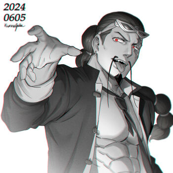 Rule 34 | 1boy, chromatic aberration, commentary request, dated, earrings, eyewear on head, facial hair, foxvulpine, fu manchu (mustache), goatee, greyscale, jabra (one piece), jewelry, long braid, long hair, long mustache, looking at viewer, male focus, monochrome, mustache, necktie, nipples, one piece, open clothes, open shirt, outstretched arm, pectorals, red eyes, sideburns, simple background, solo, spot color, tongue, tongue out, upper body, white background