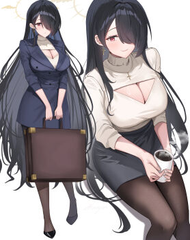 bag black_hair black_shoes black_skirt blue_archive blue_jacket breasts briefcase brown_bag brown_pantyhose cleavage cleavage_cutout closed_mouth clothing_cutout coffee coffee_mug commentary_request cross cross_earrings cross_necklace cup earrings full_body hair_over_one_eye halo highres hinata_(blue_archive) holding holding_bag holding_cup invisible_chair jacket jewelry large_breasts long_hair looking_at_viewer mug multiple_views necklace office_lady pantyhose parted_lips red_eyes shirt shoes shougun_(chuckni1) signature simple_background sitting skirt smile standing triangle_cutout very_long_hair white_background white_shirt
