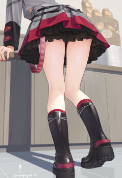 Rule 34 | 1girl, arm support, bag, baguette, bent over, black boots, boots, bread, commentary request, fingernails, food, frilled skirt, frills, from behind, from below, grey shirt, grey skirt, head out of frame, highres, kanpa (campagne 9), kasane teto, kasane teto (sv), knee boots, kneepits, leg focus, legs, long sleeves, lower body, midriff peek, miniskirt, nail polish, paper bag, red nails, shirt, skirt, solo, synthesizer v, thighs, tile floor, tiles, upskirt, utau