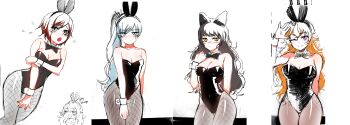 4girls absurdres animal_ears bare_shoulders blake_belladonna blonde_hair blue_eyes blush breasts cleavage cosplay costume fake_animal_ears fishnets highres large_breasts long_hair medium_breasts multiple_girls ndgd necktie nose_blush pantyhose playboy_bunny purple_eyes rabbit_ears ruby_rose rwby thigh_gap weiss_schnee wrist_cuffs yang_xiao_long