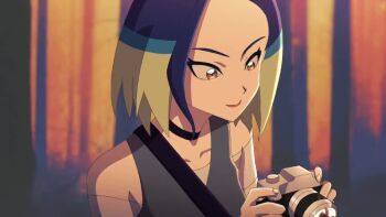 1girl animated blue_hair brown_eyes camera collarbone green_hair holding holding_camera looking_at_viewer multicolored_hair nintendo perrin_(pokemon) pokemon pokemon_sv red_lips ringotashi short_hair solo tagme two-tone_hair upper_body video