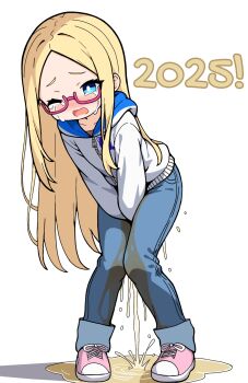 Rule 34 | 1girl, between legs, blonde hair, blue eyes, crying, denim, flat chest, forehead, gelbooru, gelbooru-tan, glasses, hand between legs, highres, hood, hoodie, jeans, knees together feet apart, leaning forward, leepicmochi, long hair, new year, one eye closed, pants, parted bangs, pee, peeing, peeing self, puddle, shoes, simple background, sneakers, solo, tears, unepicroachy, zipper, zipper pull tab