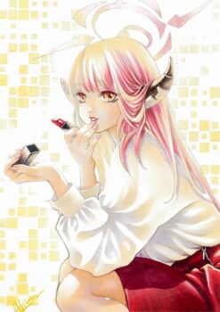 1girl absurdres alternate_costume arkin_akinnson aru_(blue_archive) black_horns blue_archive brown_eyes commentary_request cosmetics curved_horns eyelashes feet_out_of_frame fingernails from_side halo hands_up highres holding holding_lipstick_tube horns lipstick lipstick_tube long_hair long_sleeves makeup marker_(medium) nail_polish parted_lips pink_hair pink_halo pink_nails red_lips red_skirt shirt shirt_tucked_in skirt smile solo squatting straight_hair traditional_media white_background white_shirt