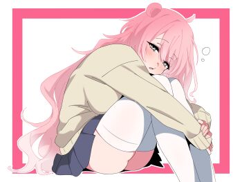 Rule 34 | 1girl, absurdres, ahoge, black skirt, blush, border, borrowed design, breasts, commentary request, feet out of frame, gen 1 pokemon, grey eyes, grey sweater, gyaru, gyaru slowpoke (shin no tenpii), highres, inset border, large breasts, long hair, looking at viewer, maorisu henkyo haku, miniskirt, narrowed eyes, nintendo, parted lips, personification, pink border, pink hair, pleated skirt, pokemon, school uniform, simple background, skirt, slowpoke, solo, squeans, sweater, thighhighs, very long hair, white background, white thighhighs, zettai ryouiki