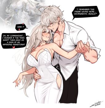 1boy 1girl absurdres armpit_crease bare_shoulders belt bianca_(pgr) black_belt black_pants breasts clothing_cutout collarbone collared_shirt commandant_(pgr) commentary couple covered_navel dancing dated dress english_commentary facial_hair fingernails grey_eyes grey_hair hand_grab hand_on_another's_hip highres hip_vent huge_breasts long_hair looking_at_another mole mole_under_eye muscular muscular_male official_art_inset pants parted_lips punishing:_gray_raven scar scar_across_eye scar_on_face shirt shiwudesu signature smile strapless strapless_dress untucked_shirt very_long_hair white_shirt