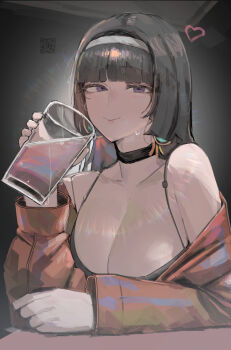 1girl alternate_breast_size_(larger) artist_name astra_yao azz0422 black_camisole black_choker black_hair blush breasts camisole choker collarbone cup drink drinking_glass earrings hairband hand_on_table heart highres indoors jacket jacket_partially_removed jewelry large_breasts long_hair looking_at_viewer off_shoulder purple_eyes qr_code red_jacket smile solo spaghetti_strap sweat table upper_body white_hairband zenless_zone_zero