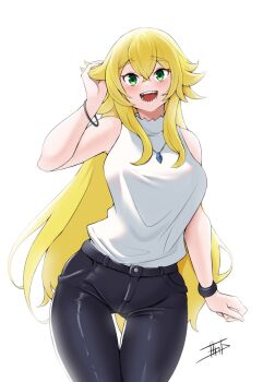 1girl black_pants blonde_hair blush bracelet breasts cowboy_shot denim frederica_baumann green_eyes hair_between_eyes highres jeans jewelry large_breasts long_hair looking_at_viewer miarin141 necklace open_mouth pants re:zero_kara_hajimeru_isekai_seikatsu sharp_teeth shirt signature simple_background sleeveless sleeveless_shirt smile solo teeth thigh_gap very_long_hair white_background white_shirt wristband