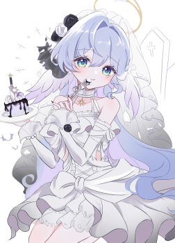1girl alternate_costume bare_shoulders black_flower black_nails black_rose blue_eyes blue_hair closed_mouth coffin commentary_request cross detached_sleeves dress eating fingernails flower fork frilled_dress frills halloween halo halter_dress halterneck head_tilt head_wings highres holding holding_fork holding_plate honkai:_star_rail honkai_(series) kneeling long_hair plate robin_(honkai:_star_rail) rose sharp_fingernails shino_(uqwjl) smile solo veil very_long_hair white_background white_dress white_flower white_rose white_sleeves white_veil white_wings wings