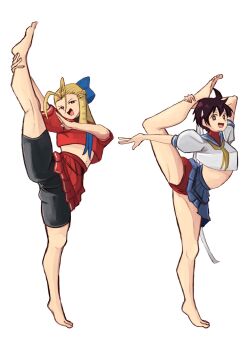 antenna_hair barefoot bike_shorts blonde_hair blue_hairband blue_skirt bow_hairband brown_eyes cameltoe dreadlocks dress drill_hair hairband headband kanzuki_karin kasugano_sakura leg_lift leg_up midriff panties red_dress red_panties sailor_dress short_hair skirt stretching tikuwabu_33 underwear