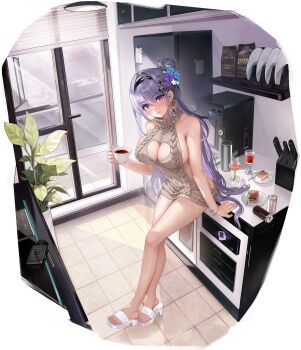 1girl absurdres artist_request backless_sweater balcony black_hairband bracelet breasts brown_sweater cake cake_slice can cleavage cleavage_cutout clothing_cutout coffee_maker crossed_legs cup day drink_can drinking_glass earrings feet flower food fork gradient_eyes hair_between_eyes hair_flower hair_ornament hairband heart_cutout highres holding holding_cup indoors jewelry kirima_ruka knife_block large_breasts leaning_on_object legs long_hair looking_at_viewer multicolored_eyes official_alternate_costume official_art oven parted_lips plant plate poker_fate potted_plant purple_eyes purple_hair red_eyes refrigerator ribbed_sweater sandals sideboob slippers soda_can solo sticky_note sweater tea teacup toes transparent_background turtleneck turtleneck_sweater very_long_hair virgin_killer_sweater white_slippers