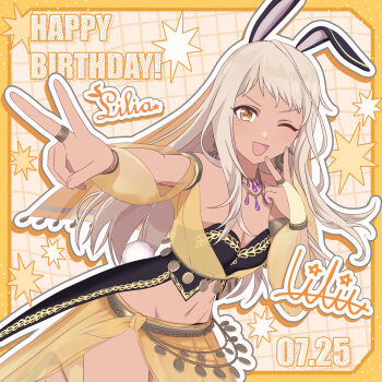 1girl :d animal_ear_hairband animal_ears arabian_clothes birthday blonde_hair breasts bridal_gauntlets cleavage commentary_request copyright_notice dark_skin fake_animal_ears fake_tail groin gyaru hairband happy_birthday harem_outfit highres kogal lilia_saijo long_hair looking_at_viewer navel official_art one_eye_closed open_mouth pole_princess!! rabbit_ear_hairband rabbit_ears rabbit_tail see-through_clothes see-through_veil signature simple_background skirt smile tail thighs upper_body v.v. veil yellow_eyes