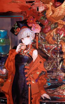 1girl above-cleavage_cutout bare_shoulders bird black_dress black_hat blush breasts chinese_clothes clothing_cutout dalachi_(headdress) dress flower food fruit fuzichoco grey_hair hair_flower hair_ornament hat highres indoors jacket lazy_susan looking_at_viewer medium_breasts multicolored_nails off_shoulder open_clothes open_jacket original peach phoenix print_dress red_eyes red_jacket sleeveless sleeveless_dress solo