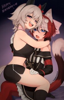 1girl animal_ears black_shorts breasts cosplay costume_switch crop_top curren_chan_(fille_eclair)_(umamusume) curren_chan_(umamusume) hair_between_eyes happy_birthday highres ivy_(nyaivie) long_hair long_sleeves looking_at_viewer multicolored_hair open_mouth original pantyhose red_hair red_pantyhose shirt short_hair short_shorts shorts small_breasts smile tail teeth umamusume yoako