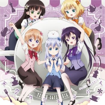 5girls :d absurdres age_difference album_cover angora_rabbit animal animal_on_head arm_up black_skirt blonde_hair blue_bow blue_bowtie blue_eyes blue_hair blue_skirt blue_vest bow bowtie brown_hair brown_skirt child cover cup flower gochuumon_wa_usagi_desu_ka? green_bow green_bowtie green_eyes green_vest hair_flower hair_ornament hairclip highres hoto_cocoa kafuu_chino kirima_syaro long_hair looking_at_viewer multiple_girls official_art on_head open_mouth orange_bow orange_bowtie pantyhose pink_vest purple_bow purple_bowtie purple_eyes purple_hair purple_skirt purple_vest rabbit rabbit_house_uniform rabbit_on_head red_bow red_bowtie saucer shirt shoes short_hair short_sleeves sitting skirt smile teacup teapot tedeza_rize tippy_(gochiusa) twintails ujimatsu_chiya vest white_shirt x_hair_ornament yellow_vest