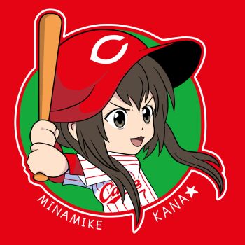 1girl baseball baseball_bat baseball_helmet baseball_uniform batting_stance border brown_eyes brown_hair character_name commentary_request from_side green_background hair_between_eyes helmet hiroshima_touyou_carp holding holding_baseball_bat long_hair minami-ke minami_kana nippon_professional_baseball open_mouth outside_border parody red_border round_border shinshin_(junjun) solo sportswear twintails v-shaped_eyebrows