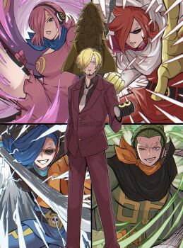 1girl 5boys blonde_hair blue_hair blue_neckerchief brother_and_sister clenched_teeth collared_shirt commentary_request curly_eyebrows dress facial_hair formal_clothes gloves goatee green_eyes green_hair headphones highres holding long_hair looking_at_viewer medium_hair multiple_boys mustache neckerchief necktie one_piece pink_dress pink_hair red_hair red_suit sanji_(one_piece) shirt siblings suit sunglasses swi1533 teeth vinsmoke_ichiji vinsmoke_judge vinsmoke_niji vinsmoke_reiju vinsmoke_yonji white_necktie