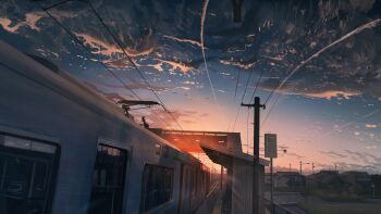 absurdres banishment building chain-link_fence cloud cloudy_sky contrail fence highres lamppost locomotive multiple_unit_train original pantograph power_lines road_sign scenery sign sky tactile_paving train train_station tree