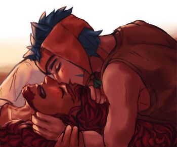 2boys absurdres animal_ears blue_hair cat_boy cat_ears closed_mouth commentary couple english_commentary facial_hair fire_emblem fire_emblem:_radiant_dawn goatee headdress highres kiss kissing_forehead long_hair male_focus multiple_boys nintendo quiu_bagan ranulf_(fire_emblem) short_hair skrimir_(fire_emblem) yaoi