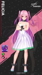 1girl 3d action_taimanin animated bare_legs bare_shoulders breasts character_name cleavage demon_girl dress fangs felicia_(taimanin_kurenai) female_focus full_body hand_on_own_hip highres holding holding_scythe holding_sword holding_weapon lilith-soft long_hair looking_at_viewer pink_hair pointy_ears red_eyes ryona scythe shiny_skin small_breasts smile solo sound sword tagme taimanin_(series) taimanin_kurenai talking twintails two_side_up very_long_hair video weapon white_dress wide_hips
