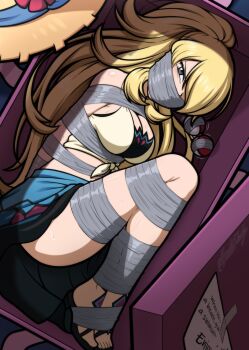 absurdres arms_behind_back bdsm bikini bondage bound cynthia_(pokemon) gag gagged highres improvised_gag magnolia-baillon midriff navel nintendo pokemon pokemon_(creature) restrained shibari stomach swimsuit tape tape_bondage tape_gag taped_arms taped_fingers