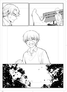 2boys anger_vein bandaid bandaid_on_face bench clenched_teeth closed_eyes collared_shirt commentary_request curtained_hair grey_hair grin hair_between_eyes kim_dokja monochrome multiple_boys oldest_dream omniscient_reader&#039;s_viewpoint outdoors outstretched_hand pov pov_hands sanjinmogufufu shirt short_hair sitting smile teeth tree yoo_joonghyuk