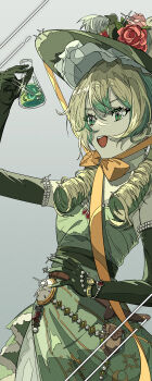 1girl absurdres belt belt_pouch blonde_hair bracelet brooch chinstrap commentary_request dress drill_hair elbow_gloves flower gloves green_dress green_eyes green_gloves green_hat grey_background hat hat_flower highres holding holding_test_tube jewelry large_hat ligne_claire long_hair natsugu72 open_mouth pink_flower potion pouch red_flower red_rose reverse:1999 rose simple_background sleeveless sleeveless_dress smile solo sotheby test_tube twin_drills watch wristwatch