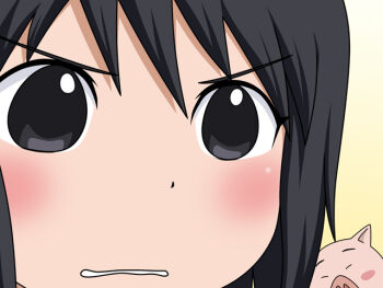 Rule 34 | 1girl, angry, black eyes, black hair, blush, blush stickers, dot nose, gradient background, gununu (meme), matching hair/eyes, meme, naruto (classic), naruto (series), parody, pet, pig, shizune (naruto), simple background, tk (tk's level4), tonton (naruto)