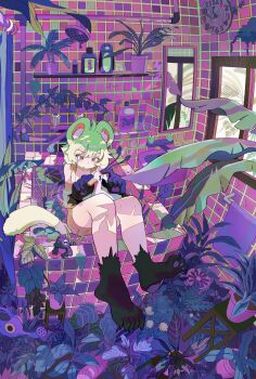 1girl animal animal_ears animal_hands bathroom bathtub bird black_fur bottle clock duck feet frog furry gloves green_hair highres leaf lily_pad original paw_gloves plant scenery sharp_toenails soles tail taressaa_(resapn) toenails water window
