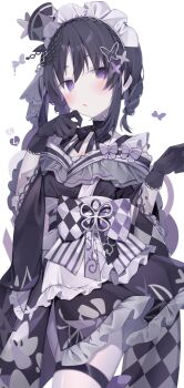 1girl adapted_costume alternate_costume alternate_hairstyle black_choker black_gloves black_hair black_hat black_kimono black_ribbon choker cowboy_shot enmaided frilled_kimono frills gloves hanasaki_rin hands_up hat highres housho_margo japanese_clothes kimono lolita_fashion long_sleeves looking_at_viewer mahou_shoujo_no_majo_saiban maid maid_headdress neck_ribbon open_mouth purple_eyes ribbon short_hair short_kimono solo thigh_strap top_hat wa_lolita wa_maid white_background