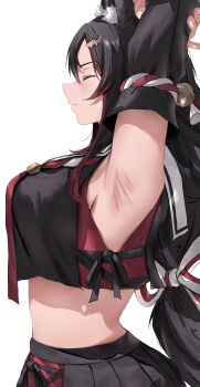 Rule 34 | 1girl, absurdres, animal ear fluff, animal ears, armpit focus, armpits, arms up, black hair, black skirt, bow, breasts, closed eyes, crop top, expressionless, hair bow, hair ornament, highres, hololive, kouhaku nawa, large breasts, long hair, midriff, multicolored hair, nekoshima kaede, ookami mio, ookami mio (1st costume), pleated skirt, profile, red hair, rope, shimenawa, sideboob, simple background, skirt, solo, streaked hair, stretching, virtual youtuber, white background, wolf ears, wolf girl