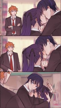 1girl 2boys alternate_costume alternate_universe belt belt_buckle black_bow black_eyes black_hair black_sleeves blazer blue_eyes blunt_ends bow bright_pupils brown_belt brown_jacket buckle clenched_hand closed_mouth collared_shirt contemporary couple crossed_arms curtains earrings empty_eyes genshin_impact hair_bow hair_over_eyes hand_in_another's_hair hand_on_another's_chest hand_on_another's_chin hand_up hetero highres hug indoors jacket jewelry jiang1818 kiss long_hair long_sleeves looking_at_another middle_finger mona_(genshin_impact) multicolored_hair multiple_boys necktie open_clothes open_jacket orange_hair purple_hair red_necktie scaramouche_(genshin_impact) school_uniform sequential shirt sidelocks spiked_hair star_(symbol) star_earrings streaked_hair surprise_kiss surprised sweatdrop tartaglia_(genshin_impact) third_wheel twintails undershirt watching white_pupils white_shirt wide-eyed window