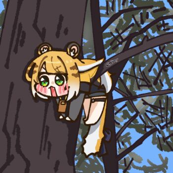 1girl animal_ear_fluff animal_ears blush bow branch green_eyes grey_sleeves high-waist_shorts in_tree jacket ju_fufu looking_to_the_side open_mouth orange_fur shorts sitting sitting_in_tree sitting_on_branch siu_(esiu3891) solo striped_fur striped_hair tail tail_bow tail_ornament thigh_strap tiger_ears tiger_girl tiger_stripes tiger_tail tree yellow_jacket zenless_zone_zero