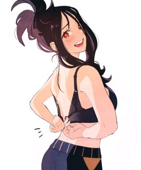 1girl back black_bra black_hair blush bra breasts dendra_(pokemon) dressing highres large_breasts looking_at_viewer medium_breasts nintendo open_mouth osg_pk pokemon pokemon_sv scar scar_on_face scar_on_forehead smile solo sweat teeth underwear