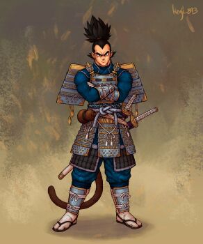 1boy absurdres alternate_costume arm_armor armor artist_name black_eyes black_hair blue_pants blue_shirt closed_mouth crossed_arms dragon_ball dragon_ball_super dragonball_z facing_viewer full_body furrowed_brow gloves gourd haidate highres japanese_armor japanese_clothes kenji893 kote kusazuri leg_armor looking_at_viewer male_focus monkey_tail pants saiyan samurai sandals sash sheath sheathed shirt shoulder_armor simple_background sode spiked_hair suneate sword tabi tail tassel topknot vegeta waraji weapon widow's_peak