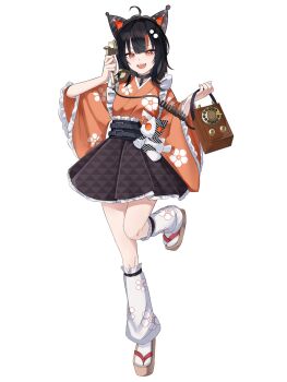 Rule 34 | 1girl, :d, ahoge, alternate costume, animal ear headphones, animal ears, antique phone, black collar, black hair, black skirt, cat ear headphones, cat ears, collar, commentary request, fake animal ears, floral print, full body, headphones, highres, holding, holding phone, japanese clothes, kimono, long sleeves, looking at viewer, mahou shoujo no majo saiban, mia (mia122303), miniskirt, multicolored hair, open mouth, orange eyes, orange kimono, phone, rotary phone, sandals, sawatari coco, sharp teeth, simple background, skirt, smile, socks, solo, standing, standing on one leg, streaked hair, stuffed animal, stuffed cat, stuffed toy, teeth, white background, white socks, wide sleeves