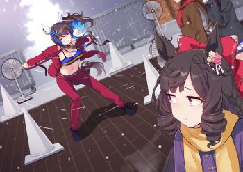 absurdres animal_ears breasts brown_coat brown_hair cleavage closed_eyes coat commentary_request daiichi_ruby_(umamusume) daitaku_helios_(umamusume) ear_covers electric_fan hair_ornament highres horse_ears horse_girl horse_tail long_hair long_sleeves motsunabe_(mo2nap3) multicolored_hair navel open_mouth purple_eyes scarf school_gateway smile stomach streaked_hair tail traffic_cone umamusume white_breath_(t.m.revolution) yellow_scarf