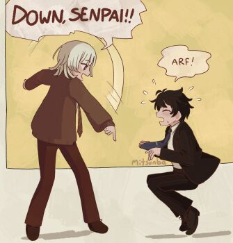 2boys :d akinashi_haru belt black_hair black_jacket black_pants black_shoes blonde_hair bright_pupils brown_cardigan brown_shoes cardigan closed_eyes collared_shirt commentary_request diagonal-striped_clothes diagonal-striped_necktie down_boy!!_(meme) dress_pants english_text flying_sweatdrops formal_clothes from_side full_body highres jacket long_sleeves male_focus medium_hair meme mitsunba motion_lines multiple_boys necktie open_clothes open_jacket open_mouth pants red_eyes red_necktie red_pants saihate_eki shadow shirt shoes short_hair sidelocks signature simple_background sleeves_past_wrists smile speech_bubble striped_clothes suit suit_jacket sweat tatsunami_shion white_pupils white_shirt yellow_background