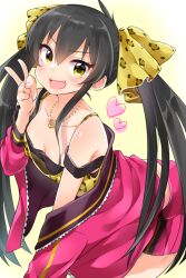 Rule 34 | 1girl, animal print, black hair, blush, breasts, camisole, cleavage, fang, hair ribbon, heart, idolmaster, idolmaster cinderella girls, jacket, jewelry, leopard print, long hair, looking at viewer, matoba risa, necklace, off shoulder, open clothes, open jacket, open mouth, pink jacket, print ribbon, ribbon, small breasts, smile, solo, trente, twintails, v, yellow eyes
