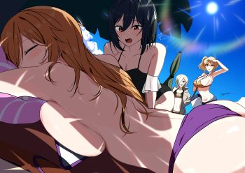 4girls absurdres ass bikini black_hair black_one-piece_swimsuit blonde_hair blue_sky blush breast_press breasts brown_eyes brown_hair cloud commentary_request hair_between_eyes highres konoe_kanata large_breasts long_hair love_live! love_live!_nijigasaki_high_school_idol_club lying mia_taylor mifune_shioriko miyashita_ai multiple_girls navel on_stomach one-piece_swimsuit open_mouth orange_bikini outdoors purple_bikini red_eyes side_ponytail sky striped_bikini striped_clothes sun swimsuit tarakon