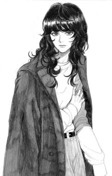 Rule 34 | 1girl, androgynous, coat, coat on shoulders, commentary request, con con 017, cowboy shot, greyscale, lips, long hair, looking at viewer, monochrome, original, shirt, simple background, sketch, solo, wavy hair, white background