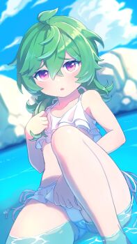 1girl ahoge bikini blue_sky blurry blurry_background blush cloud cloudy_sky collarbone collei_(genshin_impact) commentary_request crossed_bangs feet_out_of_frame frilled_bikini frills genshin_impact green_hair hair_between_eyes hand_on_own_chest highres in_water knee_up legs long_hair looking_at_viewer mochihuman open_mouth outdoors purple_eyes sky solo swimsuit thighs white_bikini