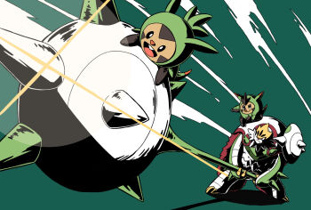 chesnaught chespin closed_mouth commentary_request evolutionary_line gen_6_pokemon green_background highres holding holding_weapon mega_chesnaught mega_pokemon nintendo onigiri_debu open_mouth pokemon pokemon_(creature) pokemon_focus quilladin smile spikes teeth ttgl_eyecatch upper_teeth_only v-shaped_eyes weapon
