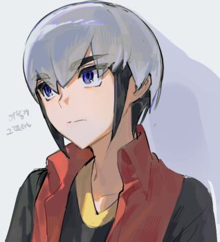 1boy black_hair black_shirt collarbone commentary_request eugene_chaud_(mega_man) jinsu_exe korean_commentary male_focus mega_man_(series) mega_man_battle_network_(series) multicolored_hair red_vest shirt solo two-tone_hair upper_body vest white_hair