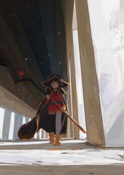 1girl absurdres asymmetrical_legwear bandaged_leg bandages black_cape cape dress from_below hashtag-only_commentary hat highres holding holding_staff kono_subarashii_sekai_ni_shukufuku_wo! koukouya megumin mismatched_legwear red_dress red_eyes short_hair_with_long_locks single_thighhigh solo staff thighhighs walking witch_hat