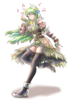 Rule 34 | 1girl, animal ears, bell, black thighhighs, blue ribbon, breasts, commentary request, dress, finger heart, fingerless gloves, fingernails, fox ears, fox girl, full body, fur-trimmed dress, fur collar, fur trim, gloves, green dress, green eyes, green gloves, green hair, green nails, grey sandals, grin, hair bell, hair ornament, hair ribbon, jingle bell, long hair, looking at viewer, medium breasts, musical note, neck bell, official alternate costume, philippa, ragnarok online, ribbon, sandals, shadow chaser (ragnarok online), simple background, smile, solo, standing, standing on one leg, thighhighs, white background