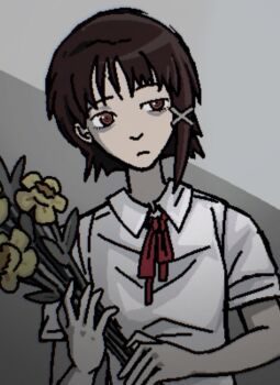 Rule 34 | bow, collared shirt, flower, hair ornament, holding, holding flower, non-web source, red bow, red eyes, red hair, serial experiments lain, shirt, white shirt